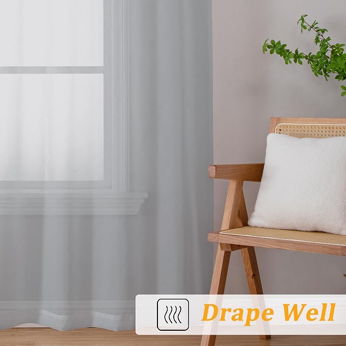 Gwine Light Grey Sheer Curtain Tiers 24 Inch Length, Light Filtering Voile - Image 7
