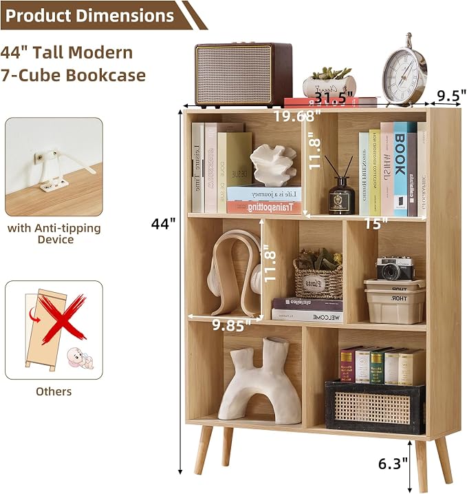 LEYAOYAO Cube Bookshelf 3 Tier Mid-Century Light Wood Modern Bookcase - Image 2