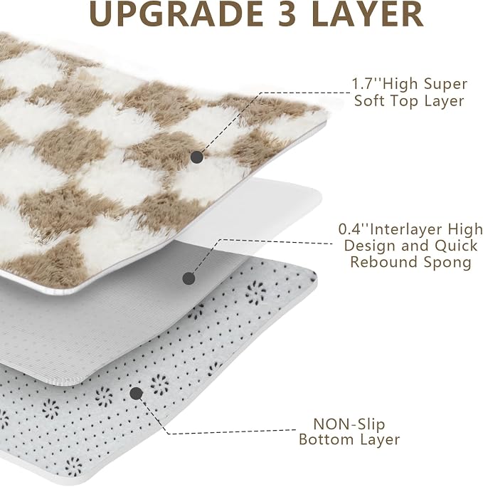 Checkered Area Rugs for Living Room 6x9, Fluffy Beige and White Checkered Rug - Image 5