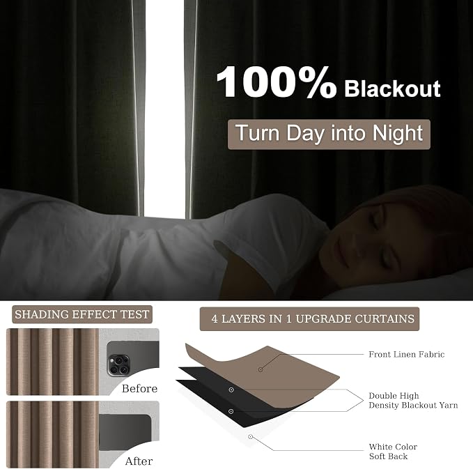 Topfinel 90 inch Long Linen Blackout Curtains 2 Panels - Image 3