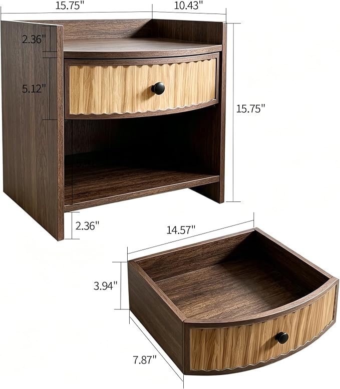 Wooden Nightstand with Drawer and Open Storage Shelf, Curved Front Bedside Table - Image 2