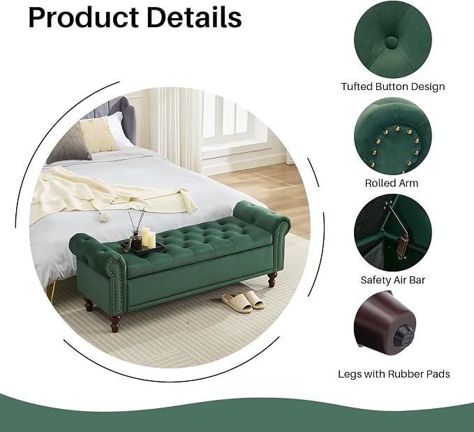 SOFTHION 58.1" Storage Bench Upholstered Velvet End of Bedroom Bed Bench Ottoman - Image 4