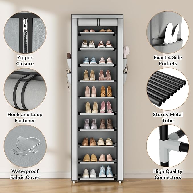 ROJASOP Shoe Rack with Covers 10 Tier Large Shoe Organizer Tall Shoe Closet - Image 4