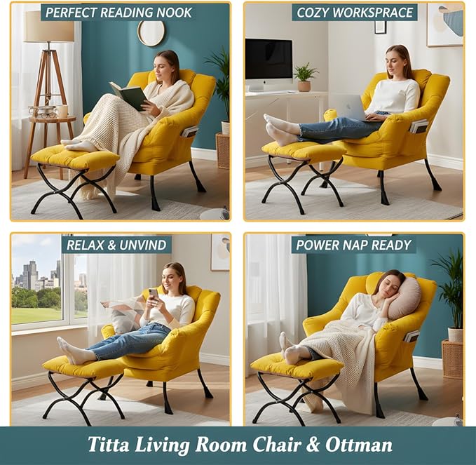 Tiita Lazy Chair with Ottoman, Comfy Leisure Sofa Reading Chair with Footrest - Image 7
