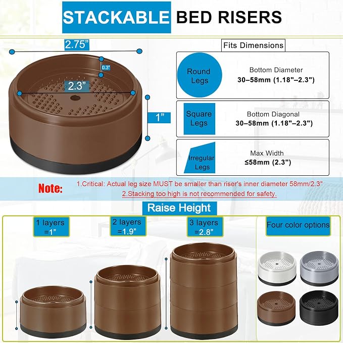 Bed Risers 1 inch, 2 inch, 3 inch, 4 inch Heavy Duty, Adjustable Furniture Riser - Image 2