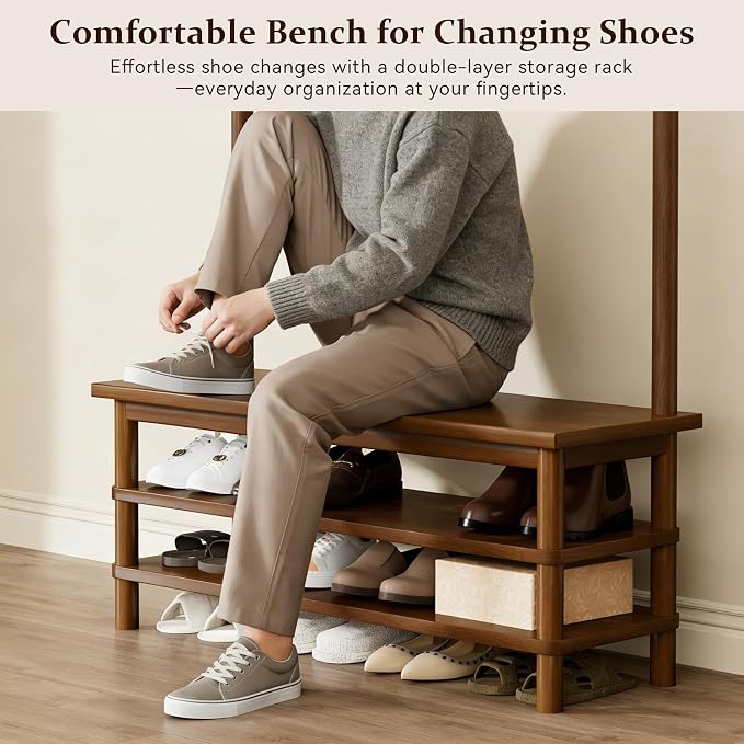 Hall Tree with Shoe Storage Bench, 3-in-1 Entryway Coat Rack with Bench - Image 5