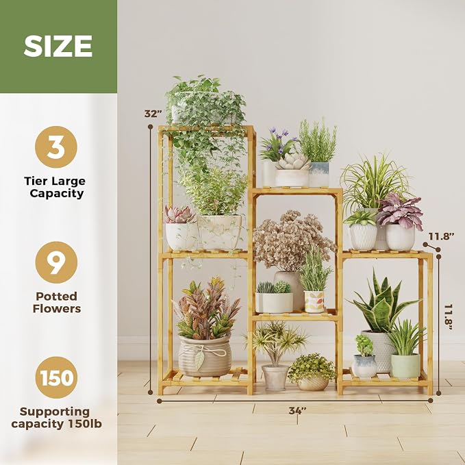 Bamworld Bamboo Plant Stand Indoor Boho Plant Shelf Tiered Plant Rack - Image 5