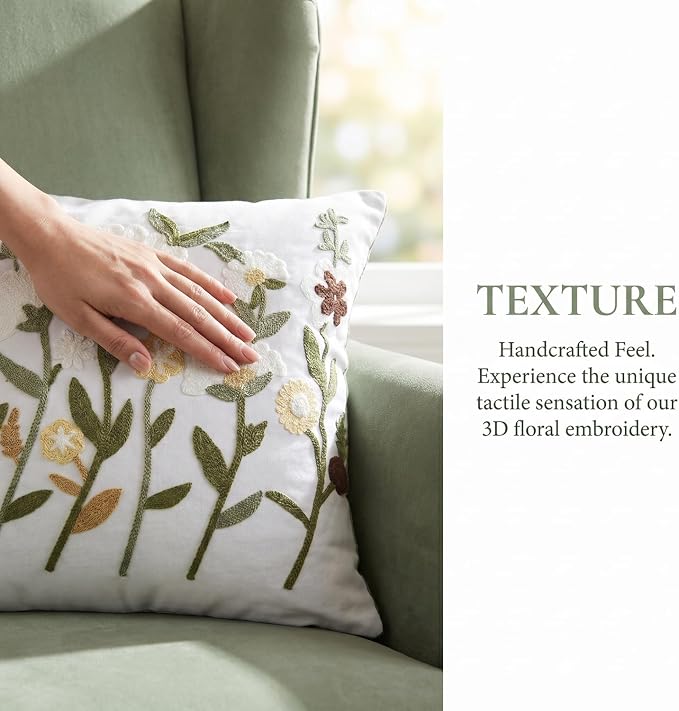Neutral Floral Embroidered Throw Pillow Covers 20x20 Inch White Daisy Camel - Image 6
