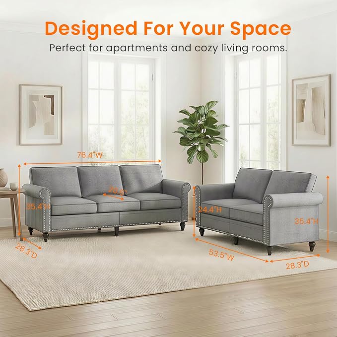 Living Room Sofa Sets 2 Piece, Modern 3 Seater Sofa and Loveseat Couch Sets - Image 2