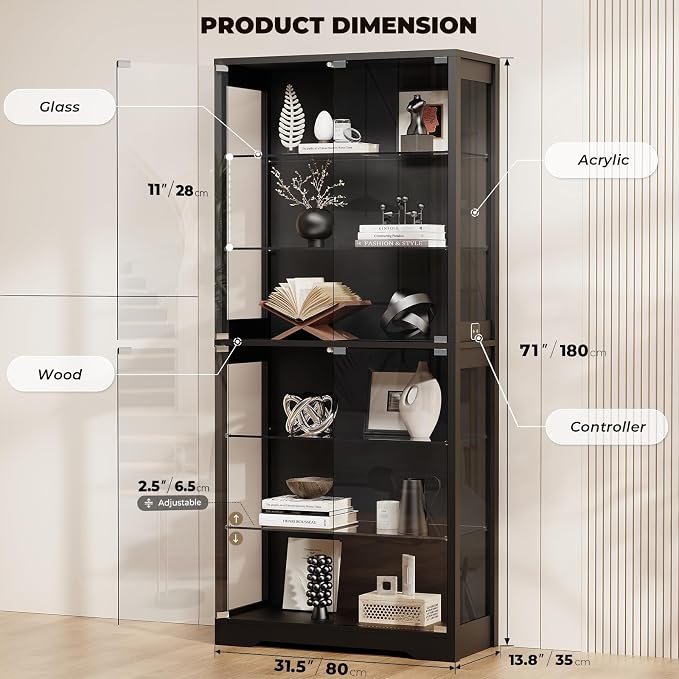 BROTTAR Display Cabinet with Glass Door, 6-Tier 71" Curio Cabinet with 3 Color - Image 2