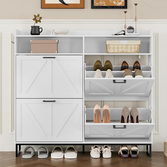BORNOON Shoe Cabinet with 4 Flip Drawers Narrow Shoe Storage Cabinet Organizer - Image 5