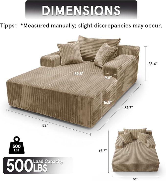 Sytopia Chaise Lounge with Armrests, Oversized Sofa Bed with 3 Pillows - Image 2