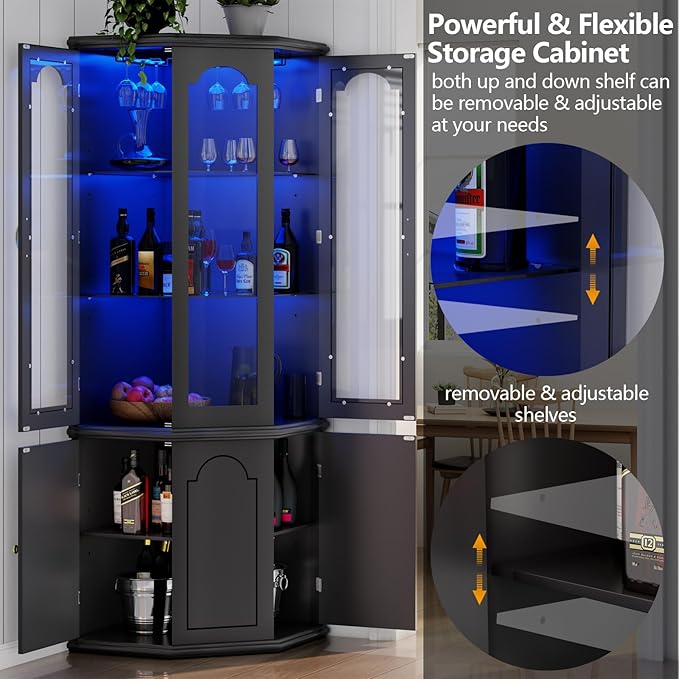 Gyfimoie Corner Bar Cabinet w/LED Lights, Tall Modern Wine Cabinet - Image 6