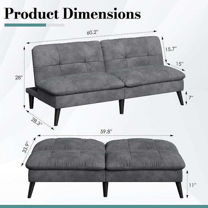 Shintenchi Futon Sofa Bed, Foldable Small Velvet Couch Bed - Image 2