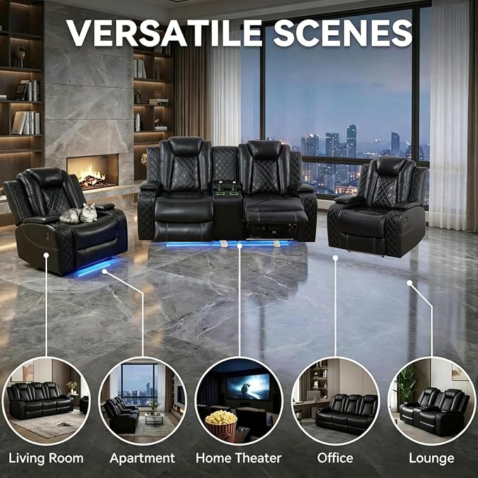 Power Recliner Sofa Set with LED Lights, Includes 2 Manual Recliner 1 Seat and - Image 5