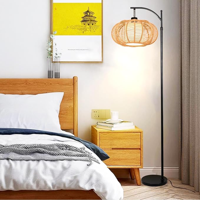ZECOXOL Arc Floor Lamps for Living Room Bedroom Rattan Boho Floor Lamp - Image 6