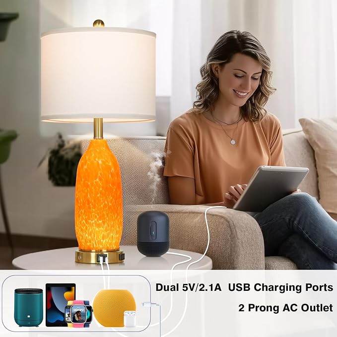 Rinweey 26" Modern Orange Glass Table Lamp Set of 2, Bedside Lamps - Image 3
