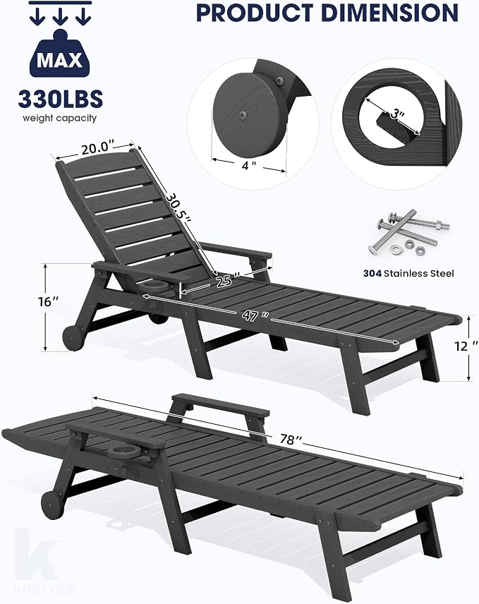 KINGYES HDPE Lounge Chair Outdoor Set of 4, Patio Chaise Lounge Recliner - Image 2
