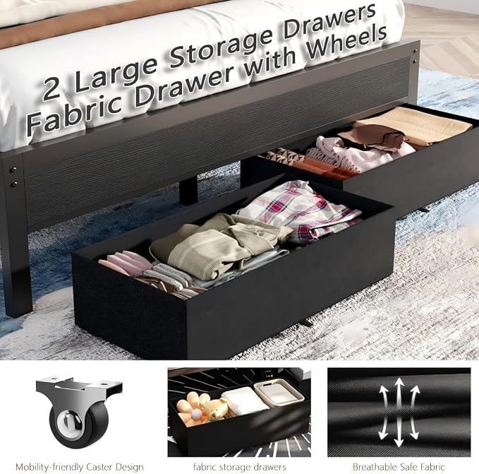 Furnulem Twin Bed Frames with Charging Station and LED Lights, Metal Platform - Image 7