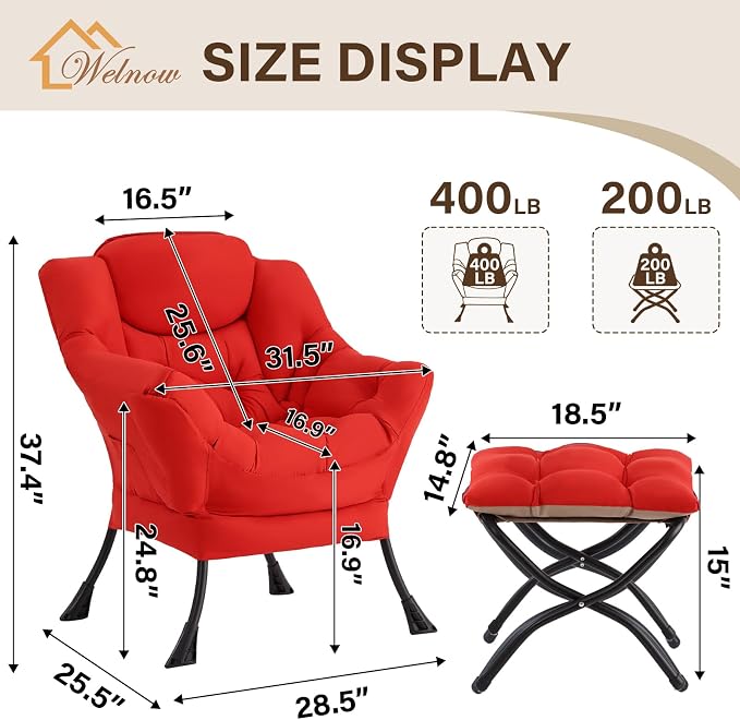 Welnow Lazy Chair with Ottoman, Modern Accent Chair with Armrests and a Side - Image 3