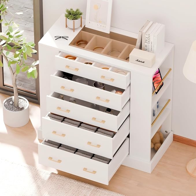 Drawer Dresser with LED Lights and Open Shelves, Modern Tempered Glass Top - Image 7