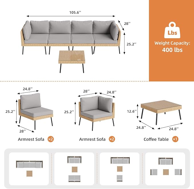 Aoxun 5-Piece Patio Furniture Set, Wicker Outdoor Furniture - Image 8