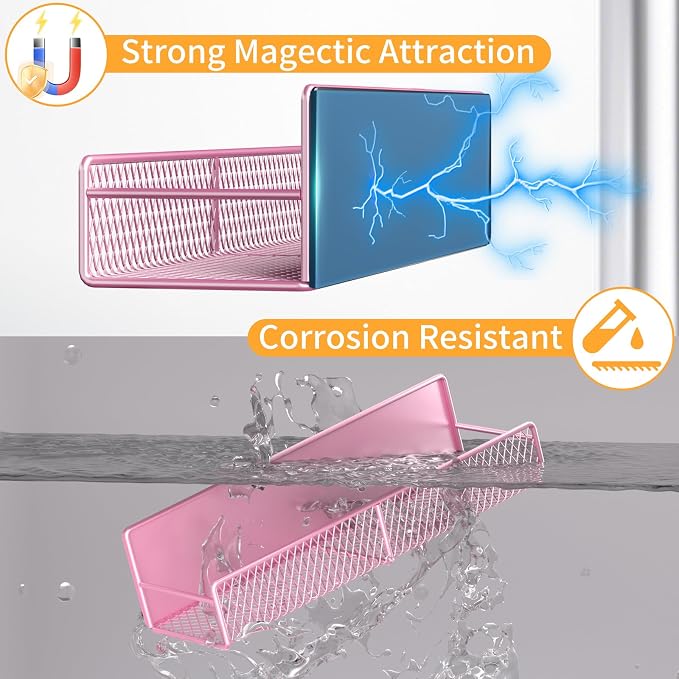 Magnetic Spice Rack for Refrigerator, 2 Pack Metal Magnetic Shelf Pink - Image 3