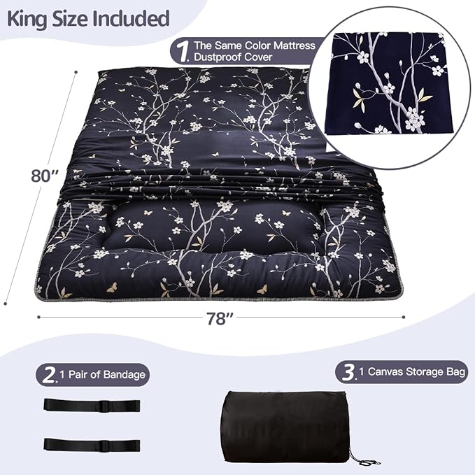 MAXYOYO Navy Floral Printed Japanese Floor Mattress Rustic Style Futon Mattress - Image 2
