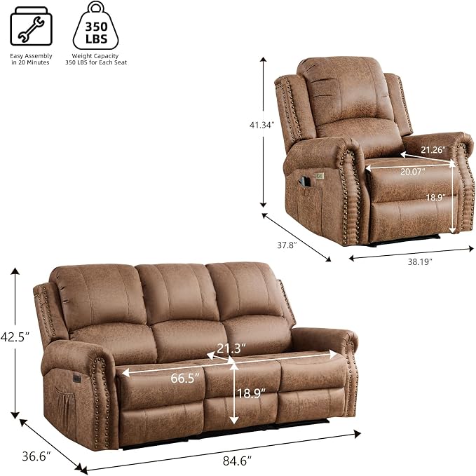 EBELLO 2 Piece Power Faux Leather Recliner Sofa Set, Reclining Living Room - Image 2