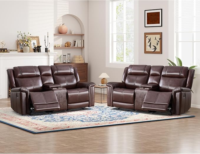 ANJ Geniune Leather Manual Loveseat Recliner Sofa Set of 2 by ANJ