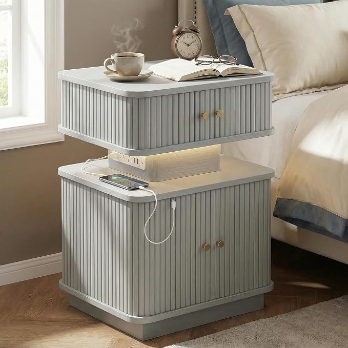 Nightstand with Charging Station, Modern Night Stand with Smart Led Light and 2 by Akmakm