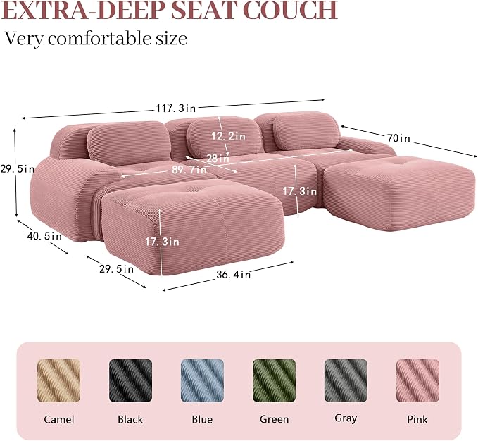 Boneless Sectional Couch, No Assembly Required, 117.3” U Shaped Modular Cloud - Image 3