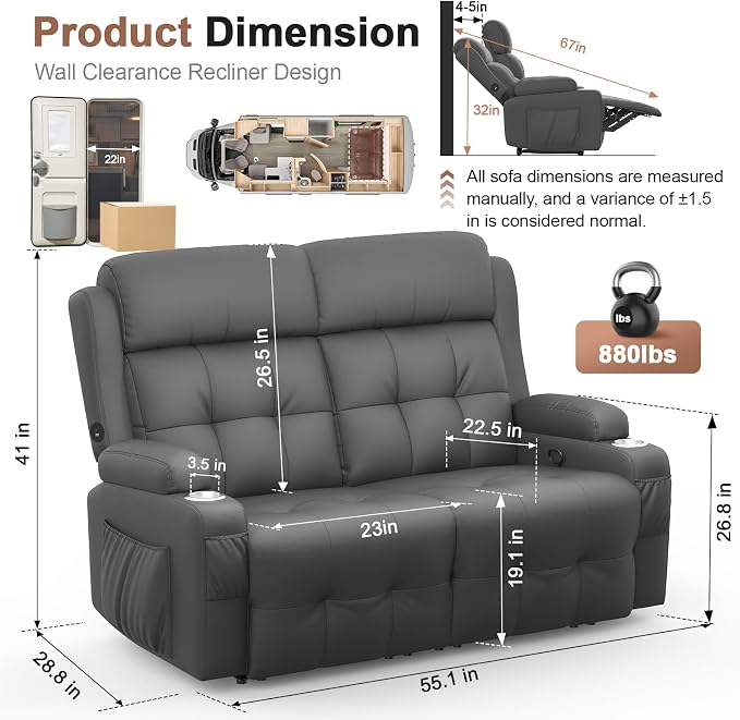 Power Loveseat Recliner with 2-Point Graphene Heat & Massage, Under-Seat - Image 2
