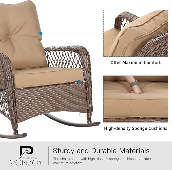 Patio Furniture Set 3 Pieces, Wicker Rocking Bistro Set - Image 5