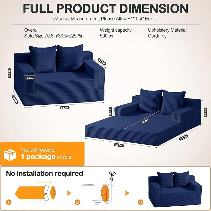 Erament Boneless Loveseat Convertible Sofa Bed, Folding Floor Futon Sleeper - Image 3