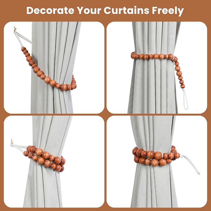 Wood Bead Curtain Tiebacks, KLOGTSIND Set of 6 Curtain Holdbacks - Image 3