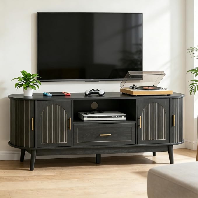 63" Fluted TV Stand for Tvs up to 70", Mid-Century Modern Entertainment Center by Mxtxmy