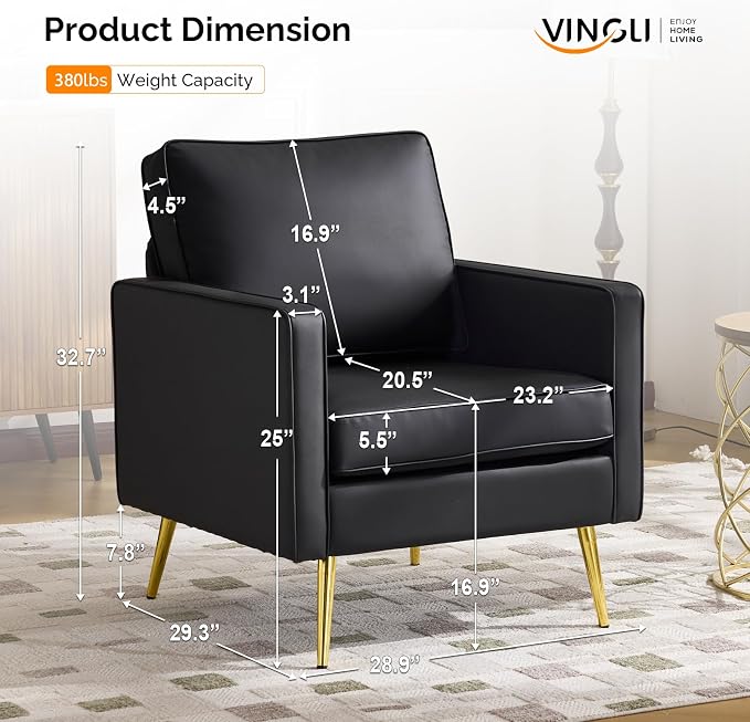 VINGLI Modern PU Leather Accent Chairs Set of 2, Single Sofa Chair - Image 2
