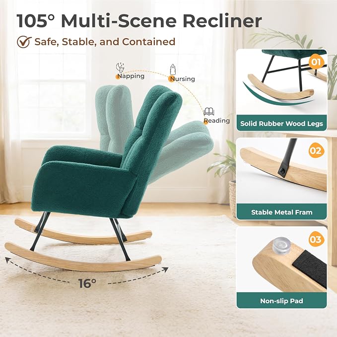 DUMOS Nursery Rocking Chair Teddy Upholstered, Comfy Glider Rocker - Image 3