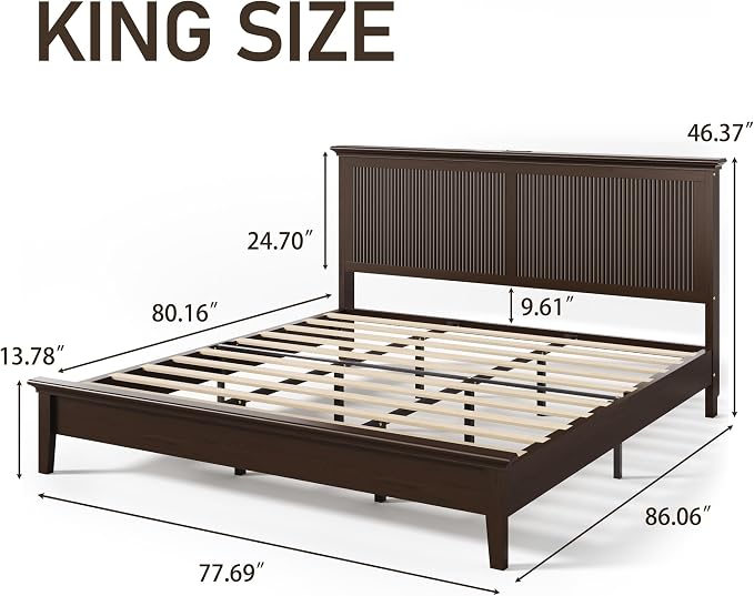 Lifezone King Bed Frame with Headboard, Solid Wood Bed Frame King Size with - Image 2