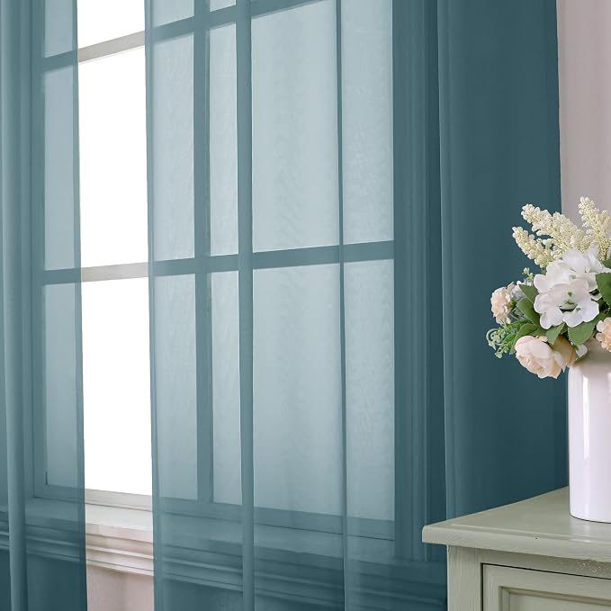 Aiyufeng Dusty Blue Sheer Curtains 45 inches Long, Short Kitchen Window - Image 2