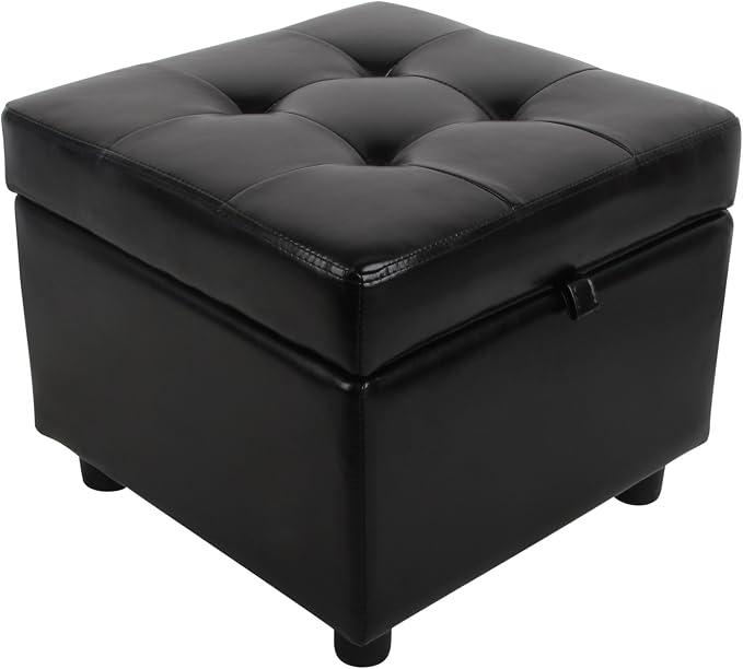 H&B Luxuries Tufted Leather Square Flip Top Storage Ottoman Cube Foot Rest by HBLuxuries