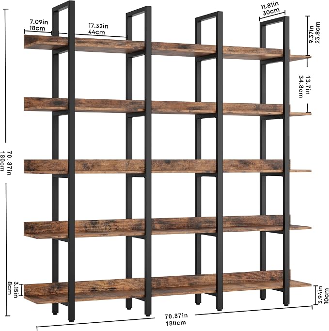 IRONCK Bookcase and Bookshelves Triple Wide 5 Tiers Large Open Shelves - Image 3
