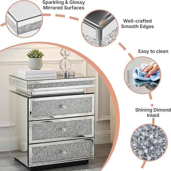Modern Glam Glass Mirror Nightstand, 3-Drawer Luxury Mirrored Accent Table - Image 5