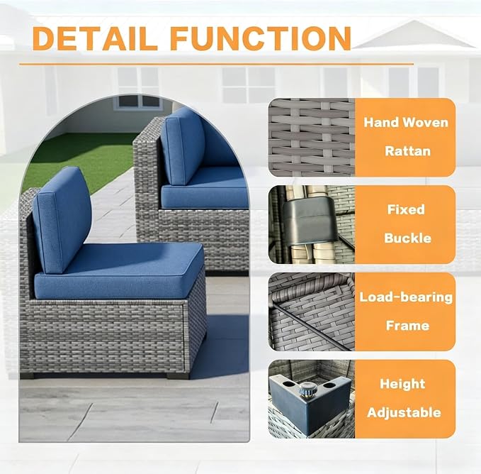 MOCHITO 5 Pieces Outdoor Patio Furniture Sets, All-Weather Sectional Sofa Grey - Image 6