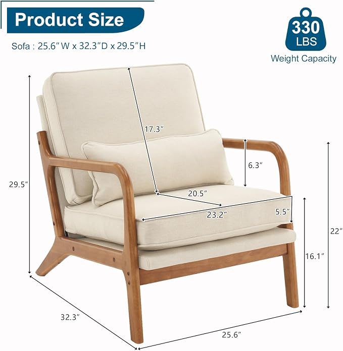 VINGLI Cozy Living Room Chairs, Mid Century Modern Armchair Upholstered Reading - Image 2