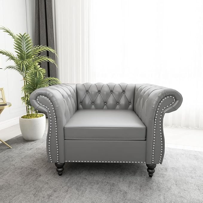 Living Room Chair, Modern Leather Chesterfield Sofa Chair, Mid Century Single - Image 3