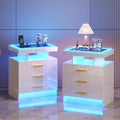HNEBC Night Stand Set 2 with LED Lights, High Gloss Nightstand with 3 Drawers by HNEBC