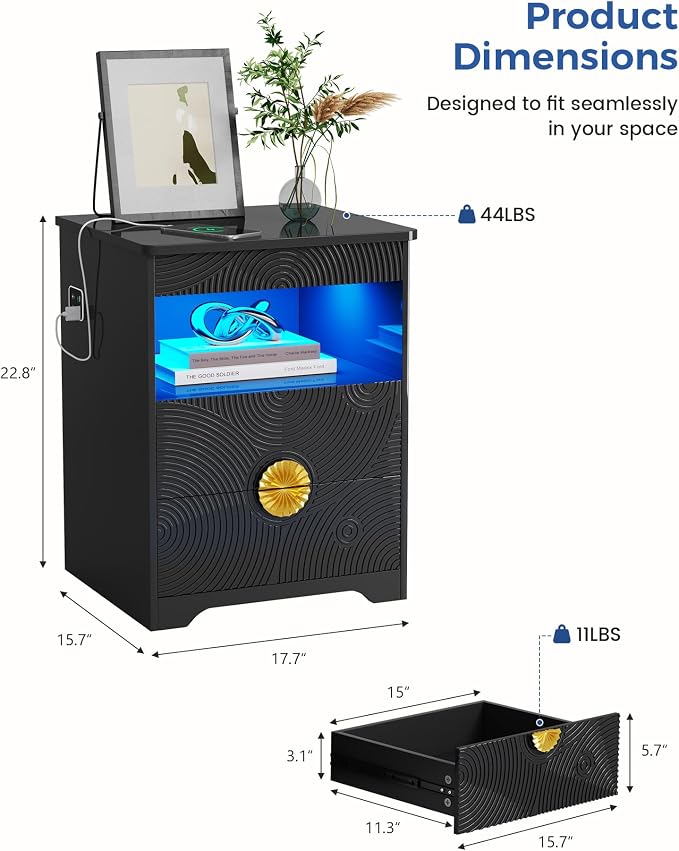 Nightstands Set of 2 with Gun Drawer, Bedside Table with 3-Color LED Lights & - Image 2