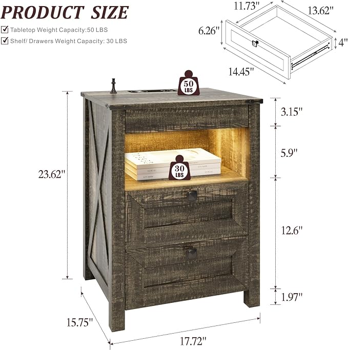 HWB LED Nightstand with Gun Drawer: Bedside Table with Charging Station - Image 2